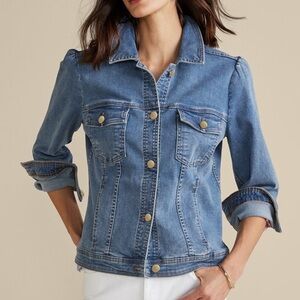 Soft Surroundings Denim Jacket Medium Petite Diana Shapely Blue Puff Sleeve PM‎
